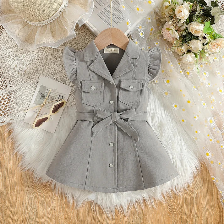 Baby/Toddler Girl Cotton Safari Frock| Ruffle Sleeves & Belted Design