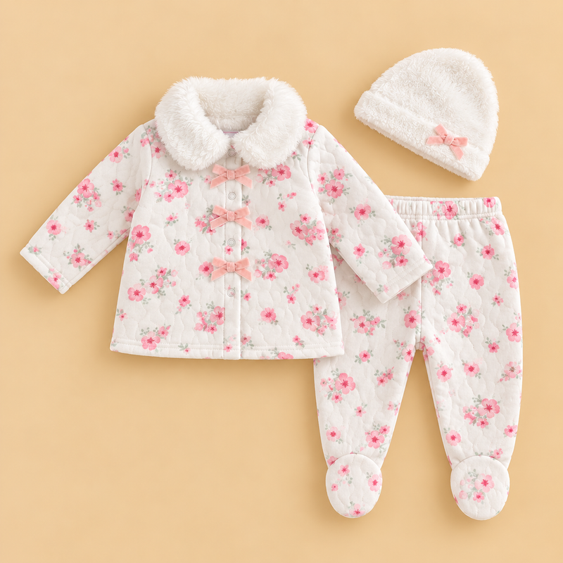 Princess Rose Floral Quilted Baby Girl 3-Piece Set – Cream & Pink