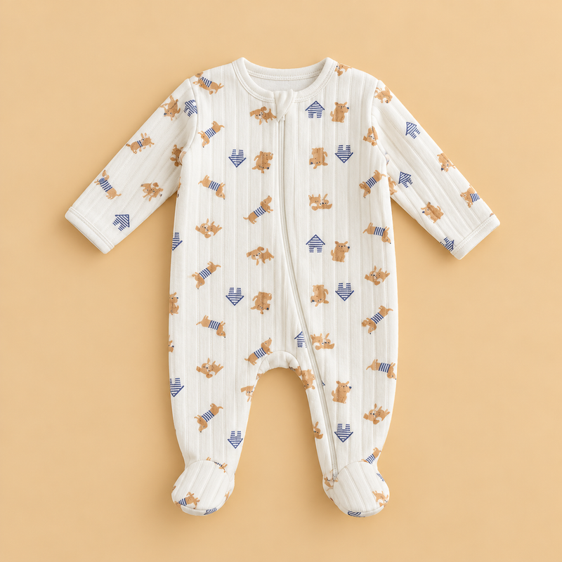 Little Puppy Quilted Baby Sleepsuit – Cream & Navy Blue