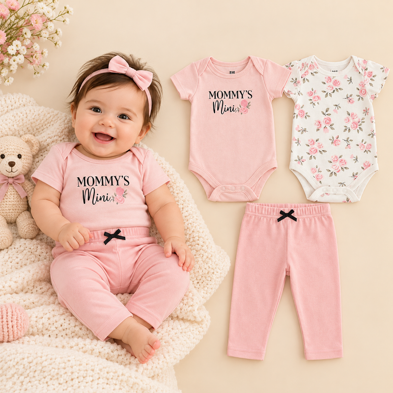 Mommy’s Mini 3-Piece Cotton Baby Girl Bodysuit & Pants Set – 0–12 Months
