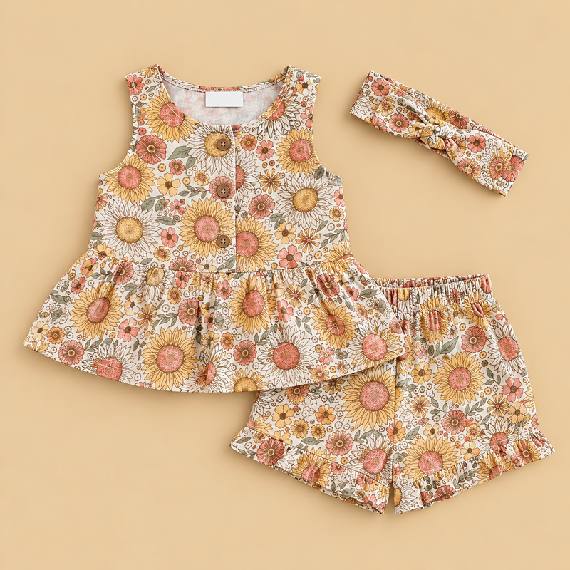 Baby Girls’ Vintage Sunflower Floral Dress, Shorts & Headband Set – 3 Piece