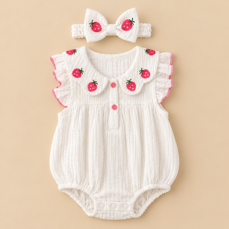 Strawberry Sweetheart Baby Girl Romper with Matching Bow Headband – White & Pink (2-Piece Set)