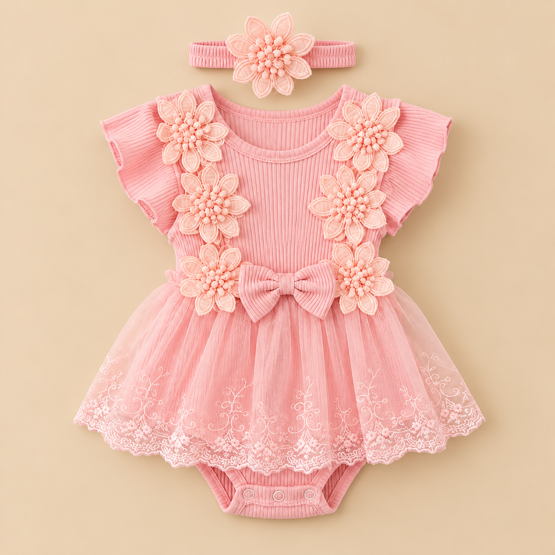 Blossom Princess Baby Girl Floral Tutu Romper with Matching Headband – Blush Pink (2-Piece Set)