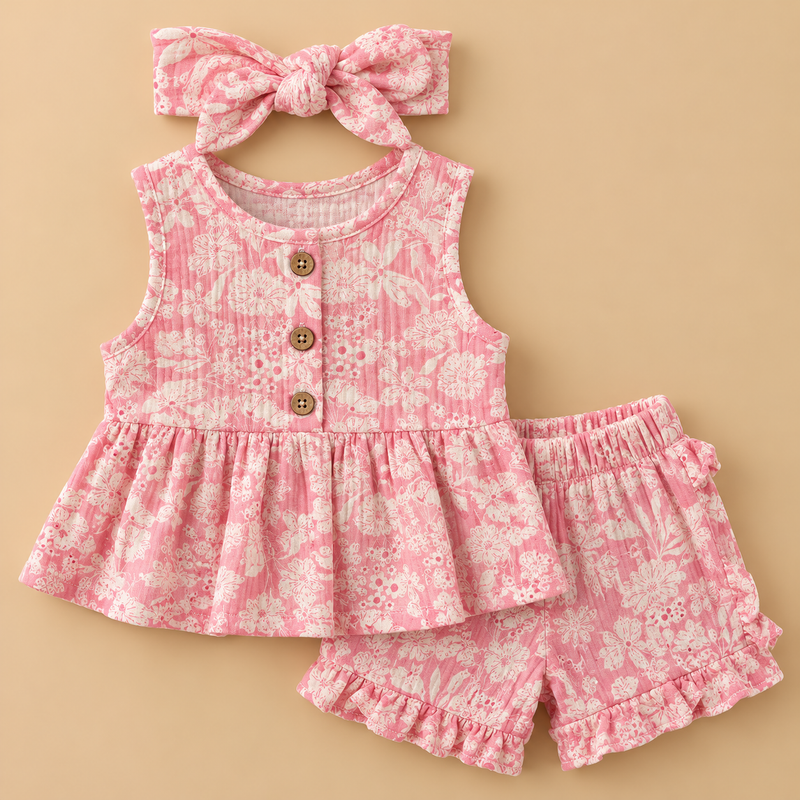 Baby Girl Pink Floral Peplum Top, Shorts & Bow Headband Set – 3 Pieces