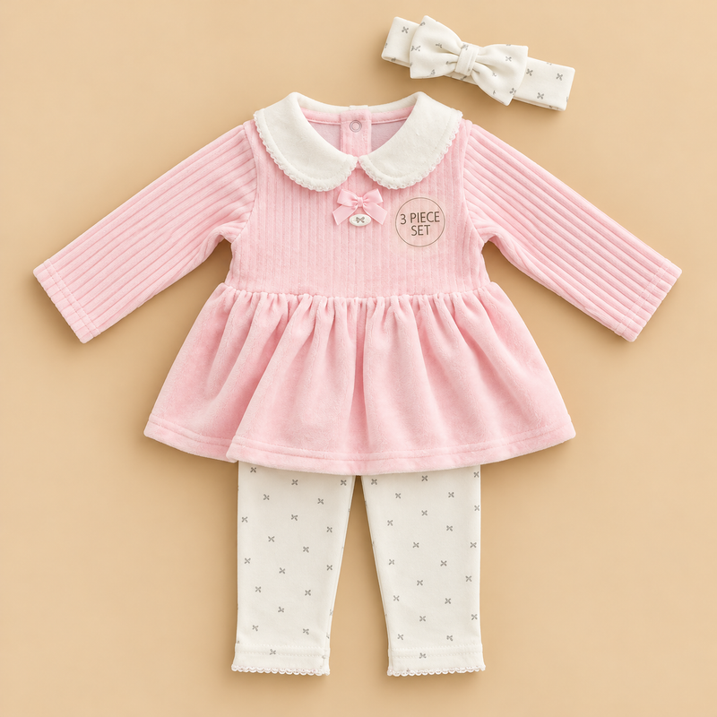 Baby Girls’ Princess Pink 3-Piece Dress Set with Leggings & Bow Headband
