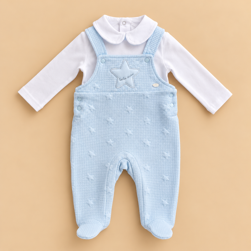 Baby Little Star 2-Piece Dungaree Romper Set – Pastel Blue & White
