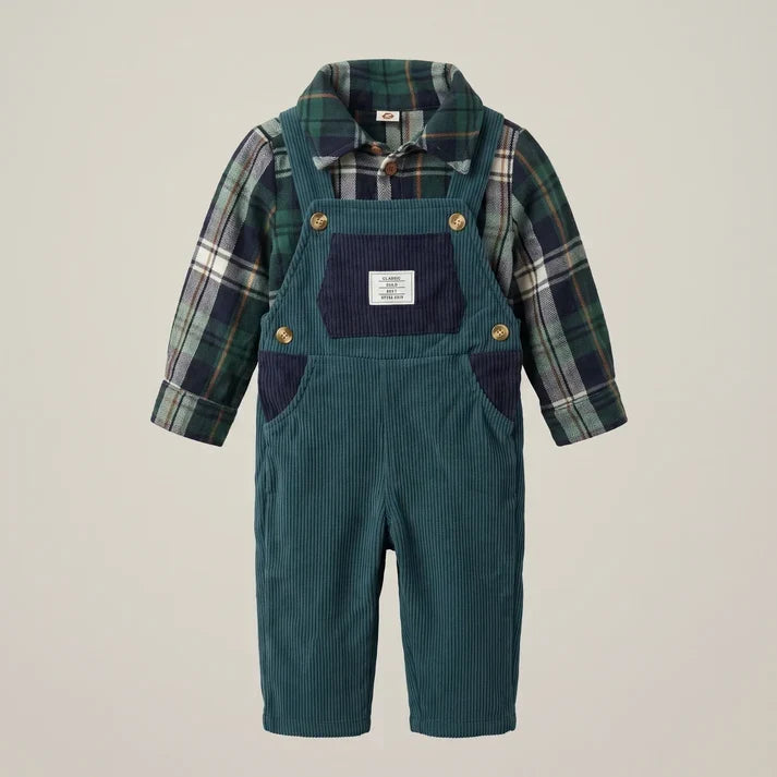 Boys 2-Piece Corduroy dungaree & Plaid Flannel Shirt Set