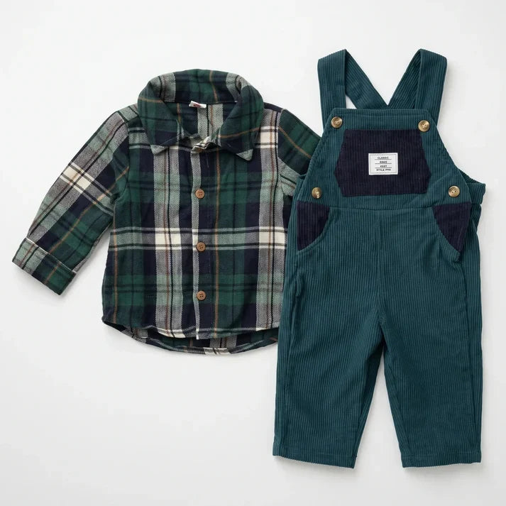 Boys 2-Piece Corduroy dungaree & Plaid Flannel Shirt Set