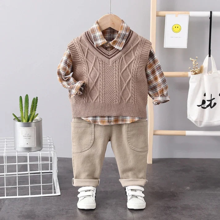 3-Piece Boys Plaid Vest Set – Cable Knit Vest, Plaid Shirt & Cargo Pants (6M–5Y)