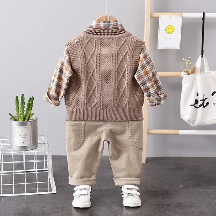 3-Piece Boys Plaid Vest Set – Cable Knit Vest, Plaid Shirt & Cargo Pants (6M–5Y)