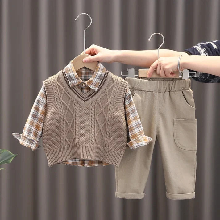 3-Piece Boys Plaid Vest Set – Cable Knit Vest, Plaid Shirt & Cargo Pants (6M–5Y)
