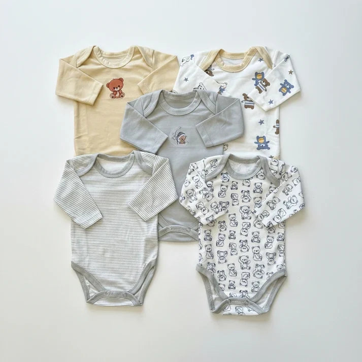 Baby Pack of 5 Full Sleeve Cotton Bodysuits – 0-3M & 3-6M