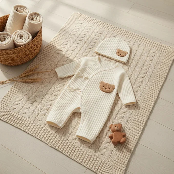 2-Piece Cotton BLended Baby Kimono Romper & Bear Hat Set