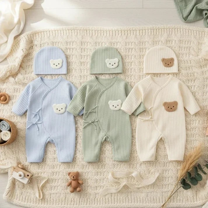 2-Piece Cotton BLended Baby Kimono Romper & Bear Hat Set