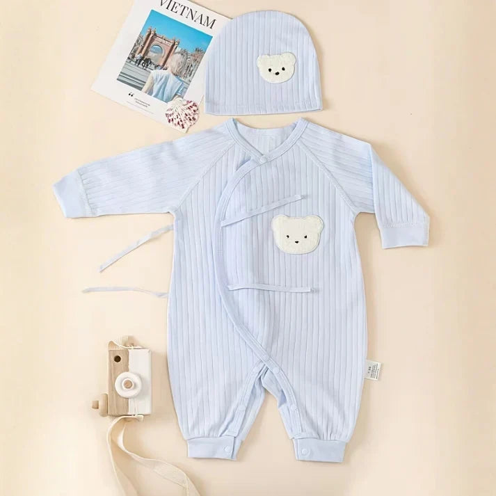 2-Piece Cotton BLended Baby Kimono Romper & Bear Hat Set