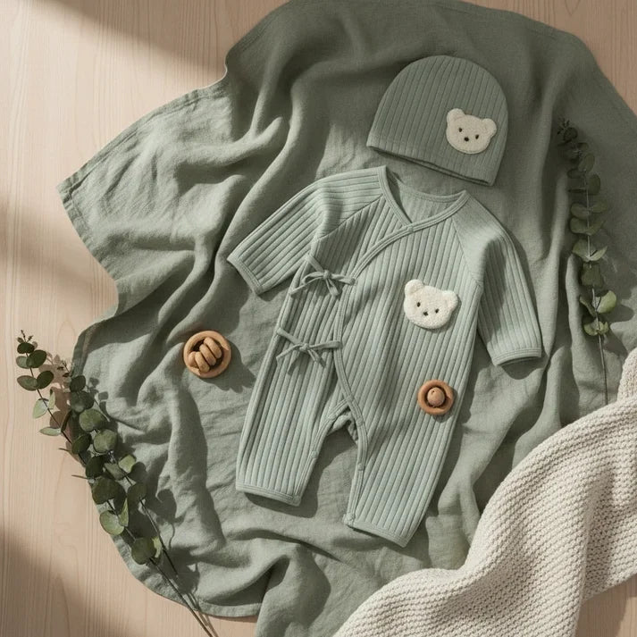 2-Piece Cotton BLended Baby Kimono Romper & Bear Hat Set