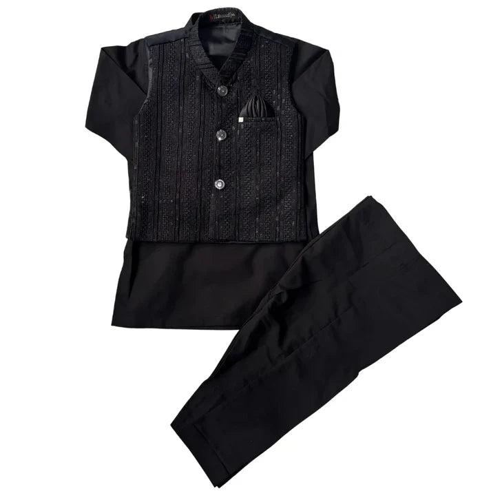 Boys 3-Piece Waistcoat Shalwar Kameez Set – Black Sequin