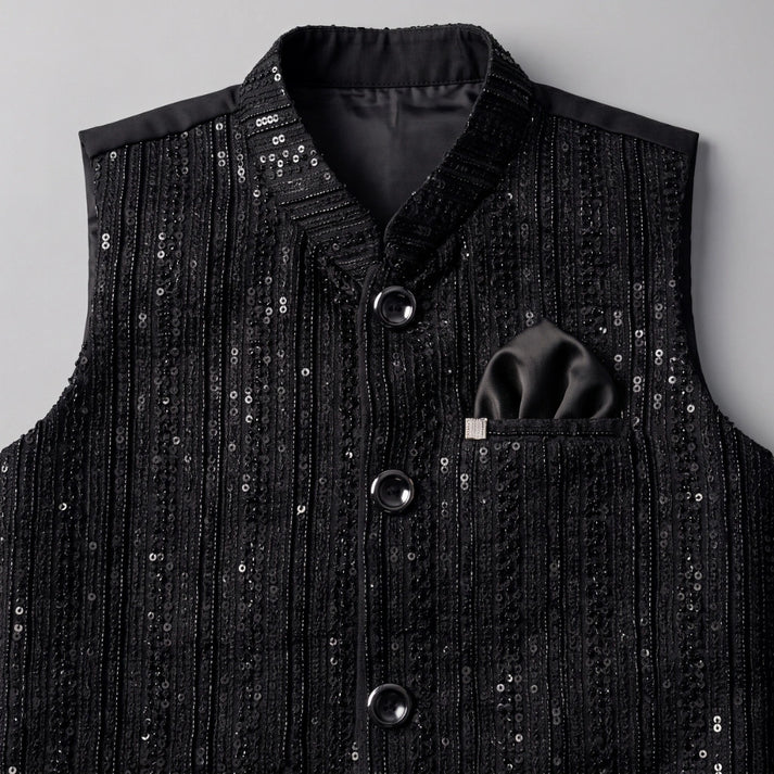 Boys 3-Piece Waistcoat Shalwar Kameez Set – Black Sequin
