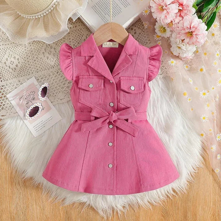 Baby/Toddler Girl Cotton Safari Frock| Ruffle Sleeves & Belted Design