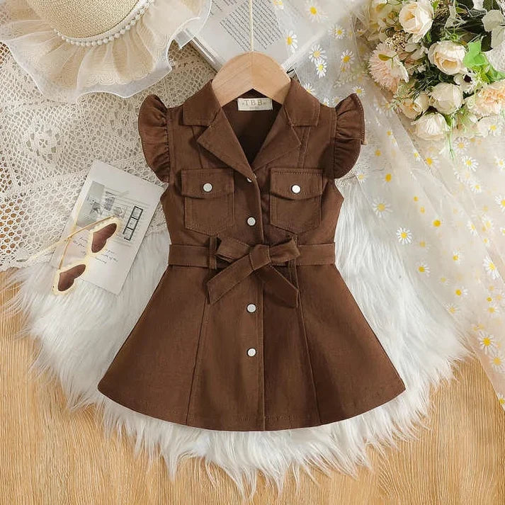 Baby/Toddler Girl Cotton Safari Frock| Ruffle Sleeves & Belted Design