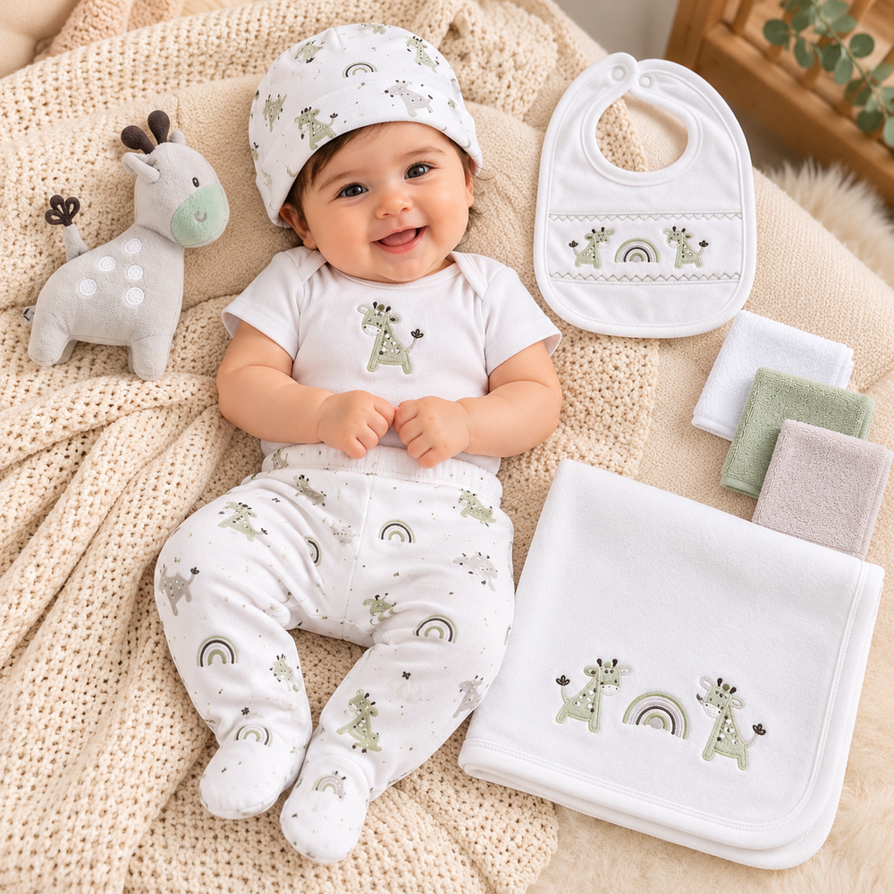 Baby Giraffe & Rainbow 10-Piece Newborn Gift Set – Sage Green & White