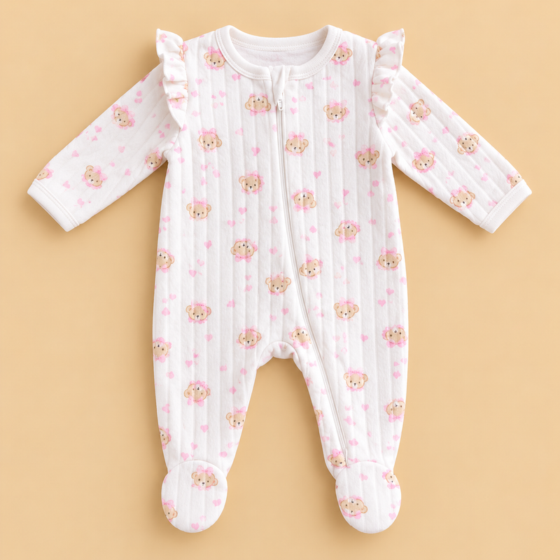 Baby Girl Quilted Teddy Bear Footed Romper – White & Pink