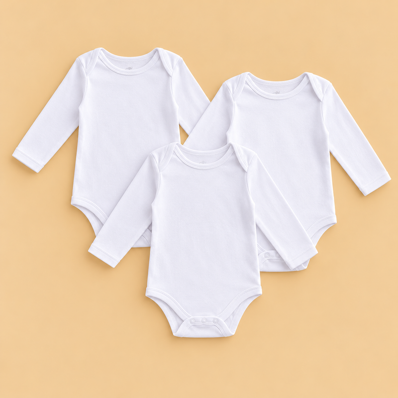 Essential Cotton Long Sleeve Baby Bodysuits – Pack of 3 | White