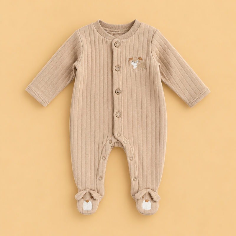 Puppy Love Ribbed Baby Sleepsuit with Cute Dog Footies – Warm Beige