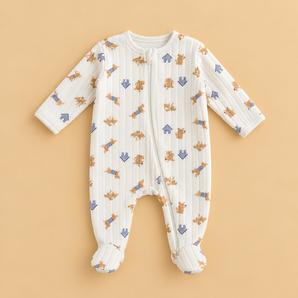 Little Puppy Quilted Baby Sleepsuit – Cream & Navy Blue