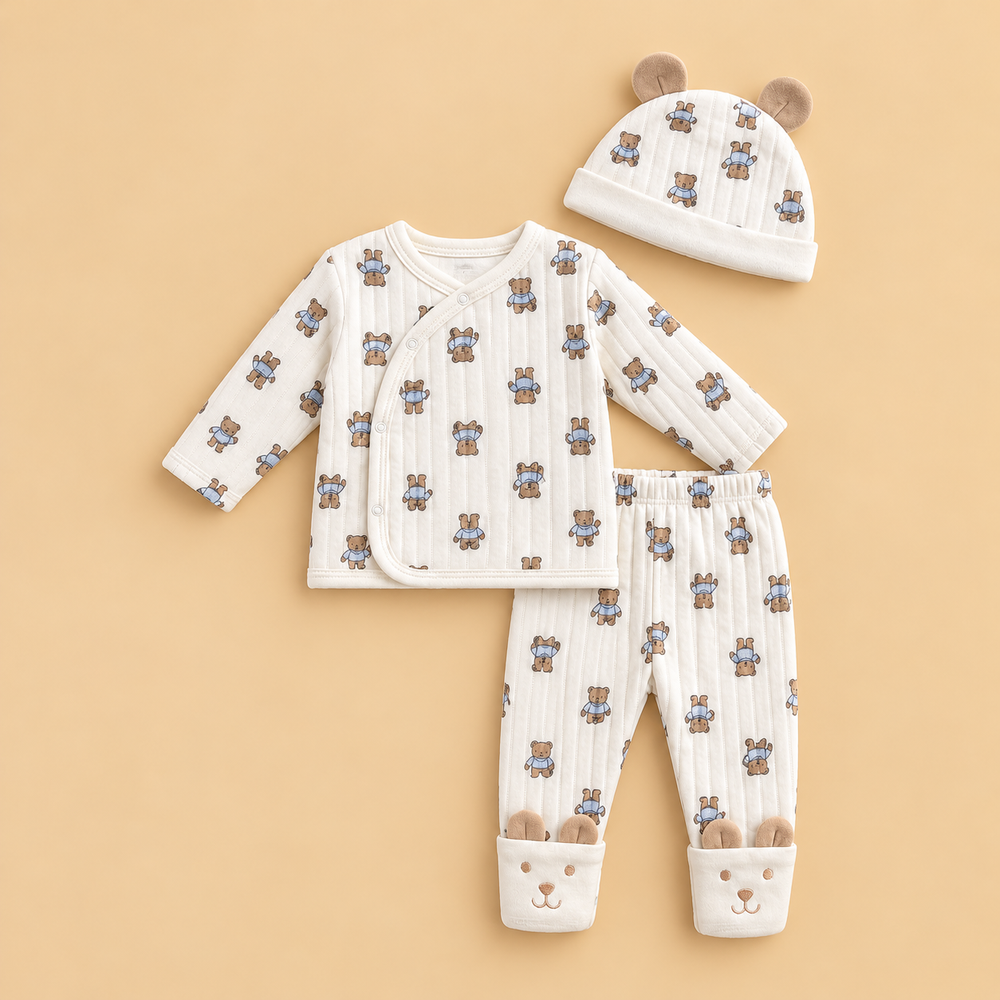 Baby Teddy Bear Quilted 3-Piece Outfit Set – Cream & Blue