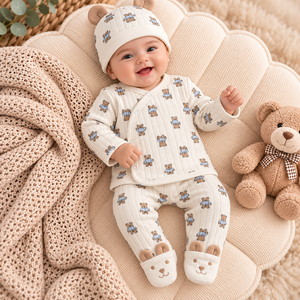 Baby Teddy Bear Quilted 3-Piece Outfit Set – Cream & Blue