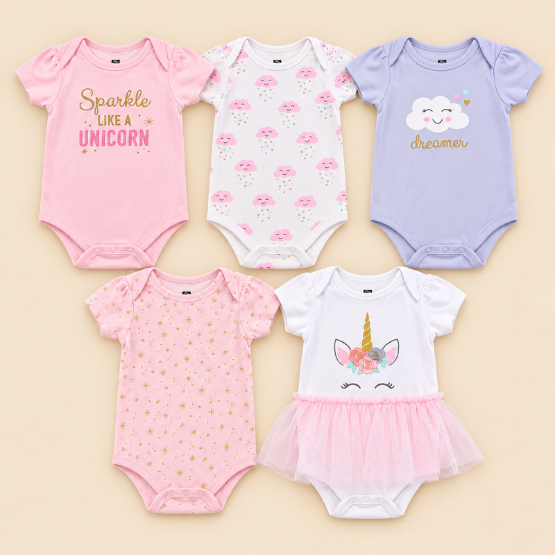Magical Unicorn 5-Piece Cotton Baby Girl Bodysuit Set – 0–12 Months