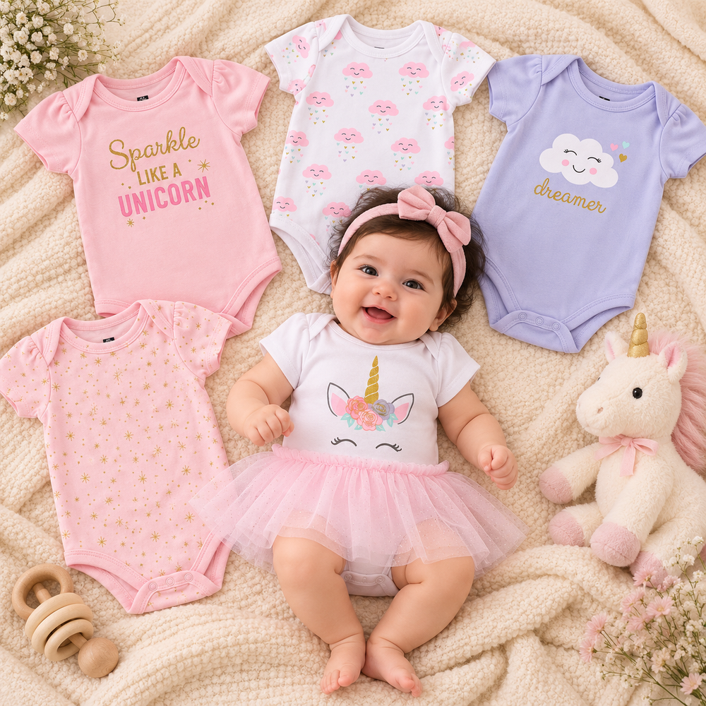 Magical Unicorn 5-Piece Cotton Baby Girl Bodysuit Set – 0–12 Months