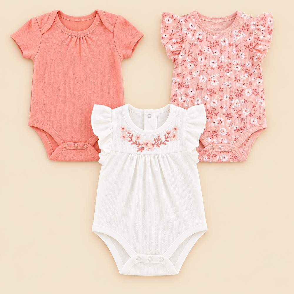 Floral Charm 3-Piece Cotton Baby Girl Bodysuit Set – 0–12 Months