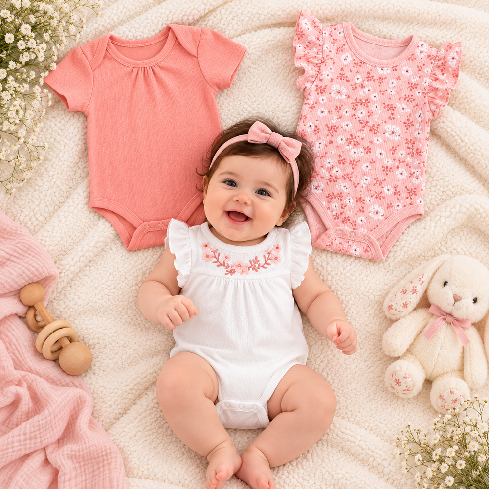 Floral Charm 3-Piece Cotton Baby Girl Bodysuit Set – 0–12 Months