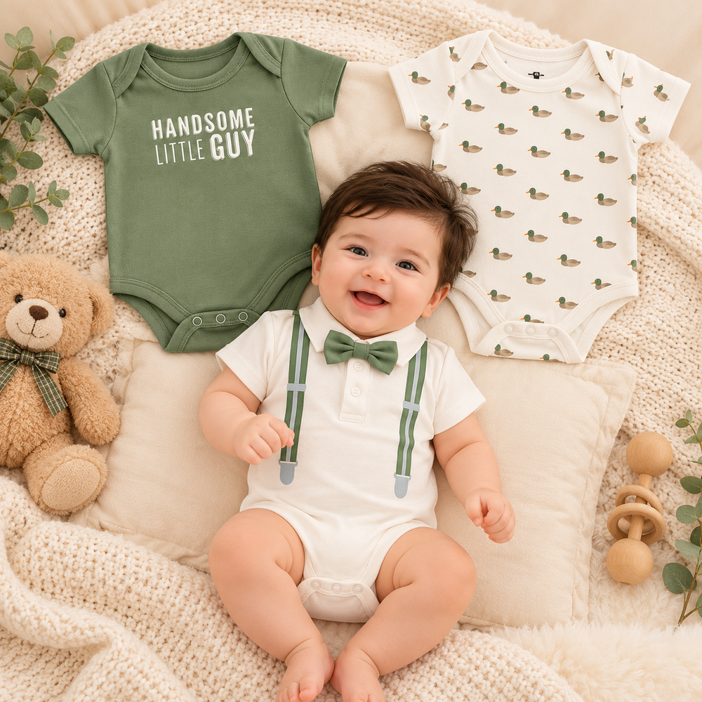 Handsome Little Guy 3-Piece Cotton Baby Boy Bodysuit Set – 0–12 Months