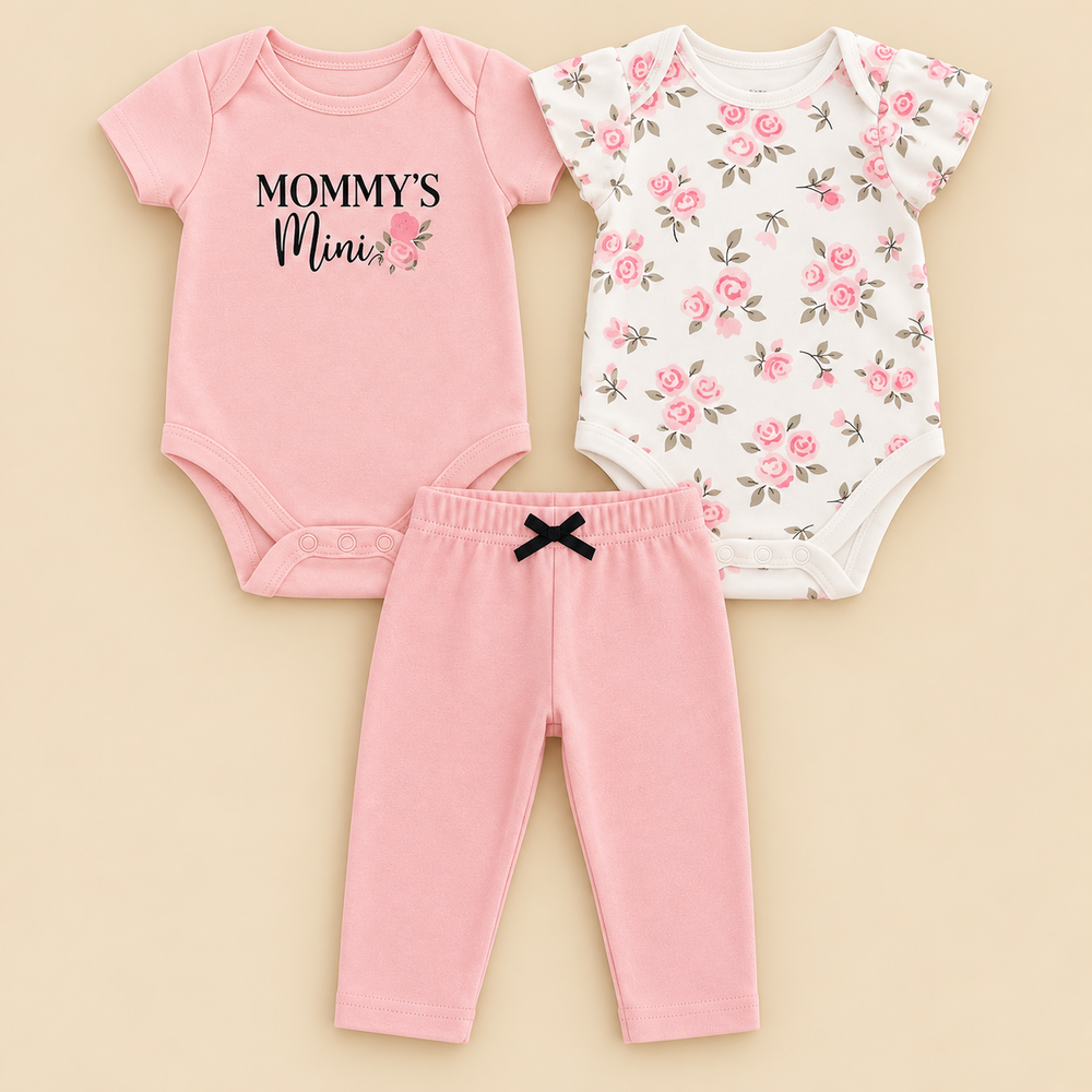 Mommy’s Mini 3-Piece Cotton Baby Girl Bodysuit & Pants Set – 0–12 Months