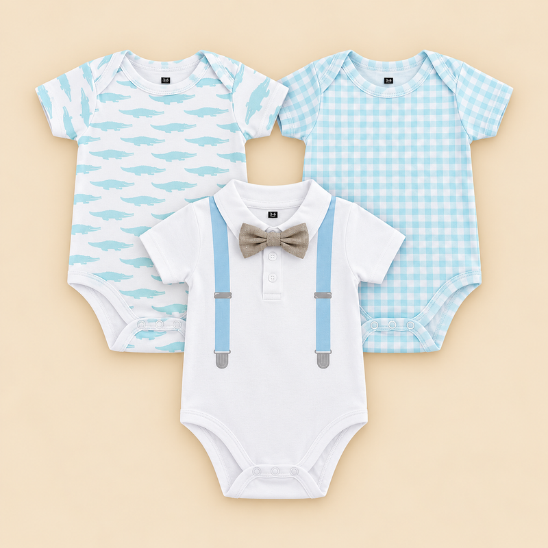 Little Gentleman 3-Piece Cotton Baby Boy Bodysuit Set – Blue & White (0–12 Months)