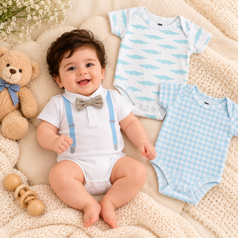 Little Gentleman 3-Piece Cotton Baby Boy Bodysuit Set – Blue & White (0–12 Months)