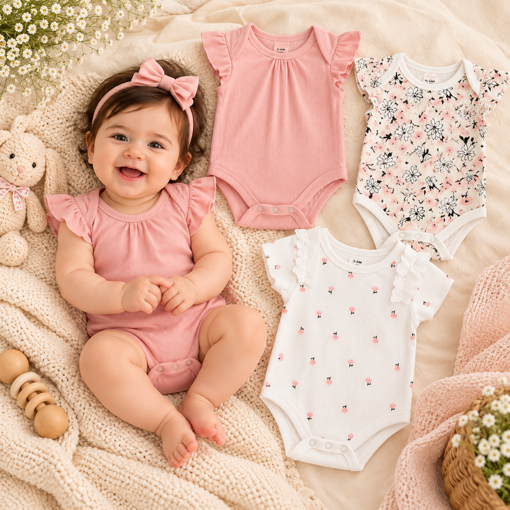 Floral Blossom 3-Piece Cotton Baby Girl Bodysuit Set – Pink & White (0–12 Months)