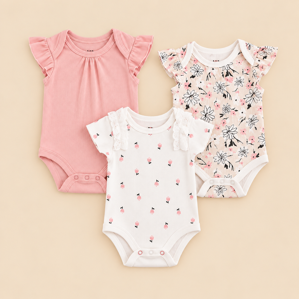 Floral Blossom 3-Piece Cotton Baby Girl Bodysuit Set – Pink & White (0–12 Months)