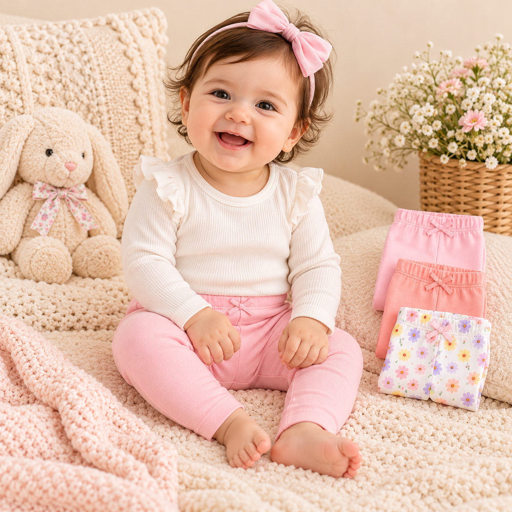 Pretty Petals 3-Piece Cotton Baby Girl Pants Set – 0–12 Months