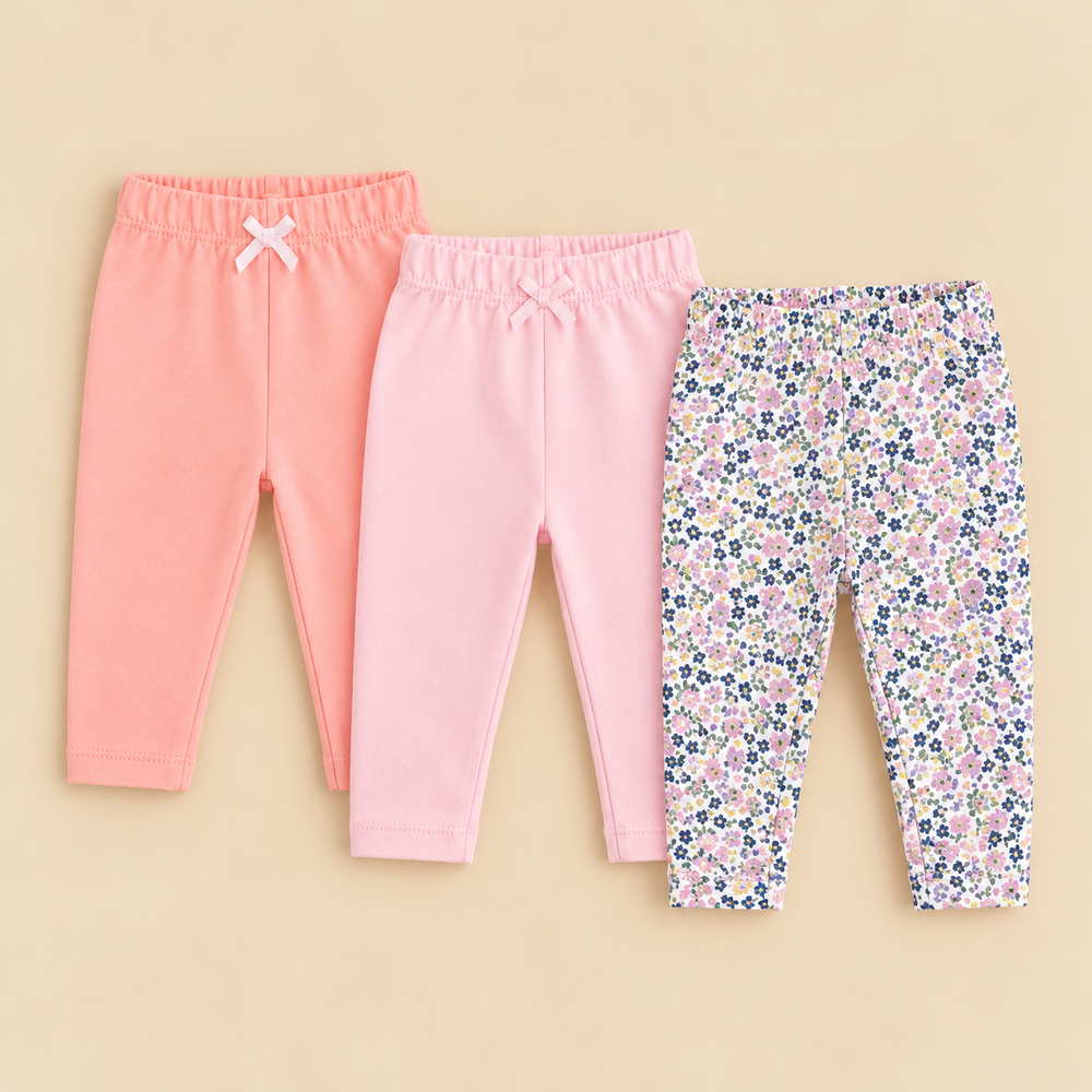 Pretty Petals 3-Piece Cotton Baby Girl Pants Set – 0–12 Months