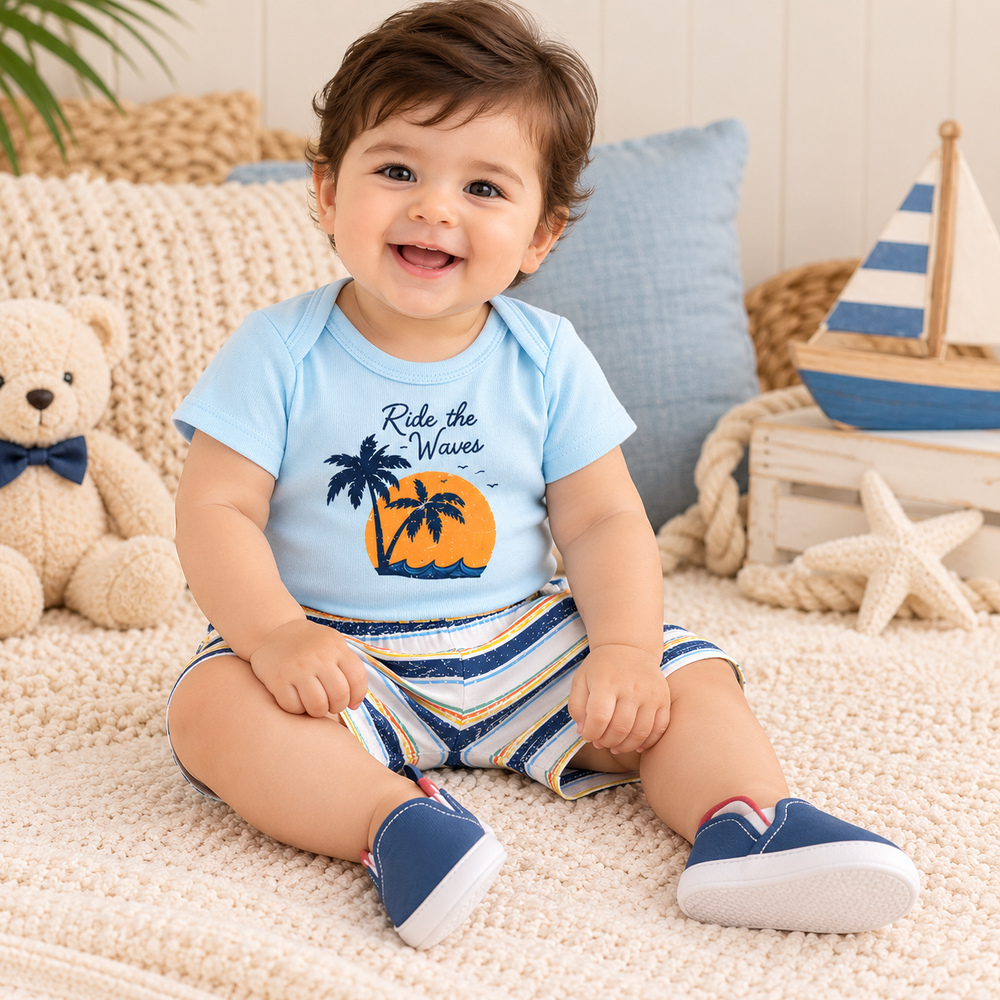 Ride the Waves 3-Piece Cotton Baby Boy Outfit Set – Bodysuit, Shorts & Shoes (0–18 Months)