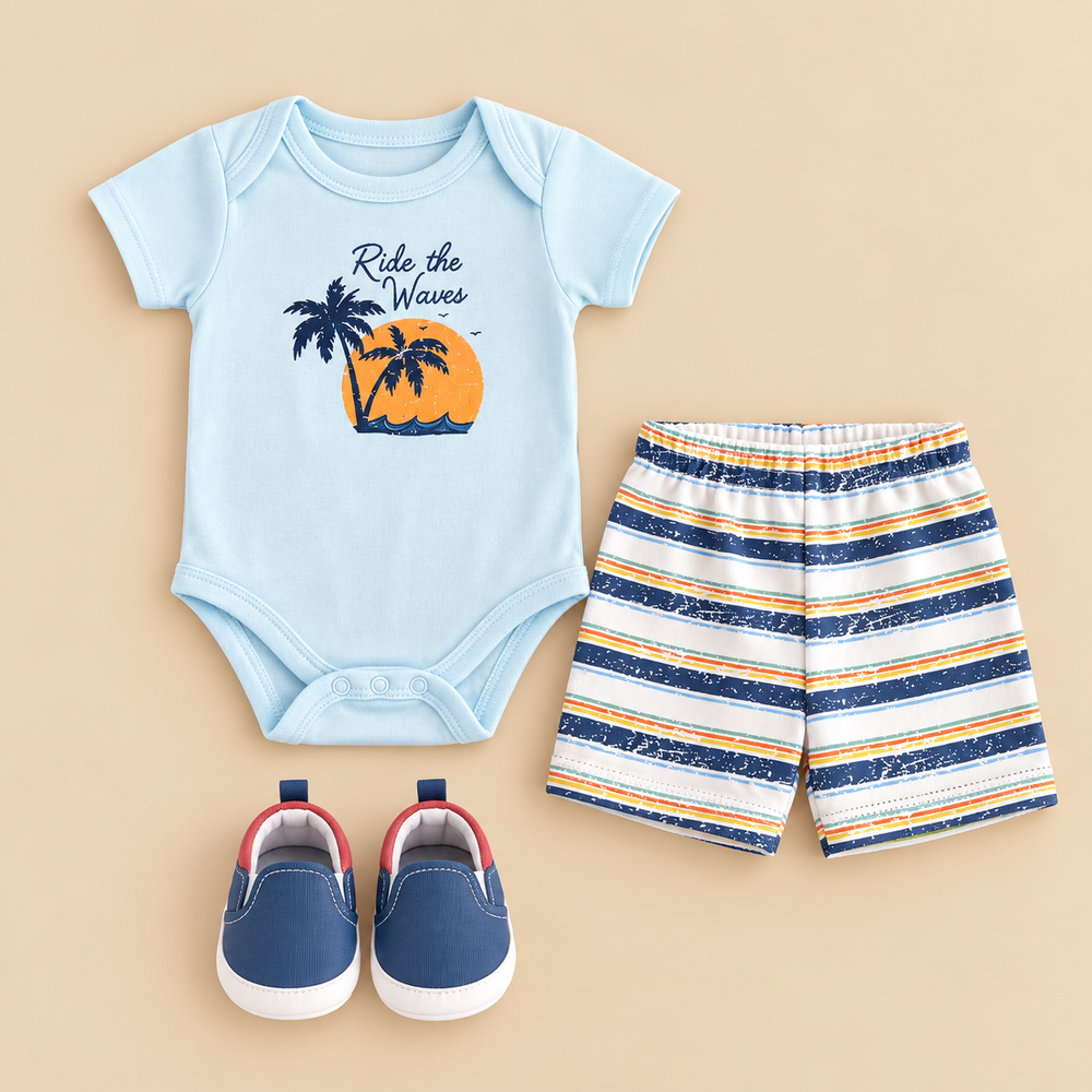 Ride the Waves 3-Piece Cotton Baby Boy Outfit Set – Bodysuit, Shorts & Shoes (0–18 Months)