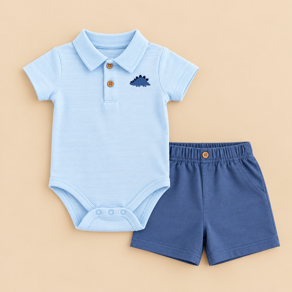 Little Dino Gentleman 2-Piece Cotton Baby Boy Bodysuit & Shorts Set – Light Blue & Navy (0–12 Months)