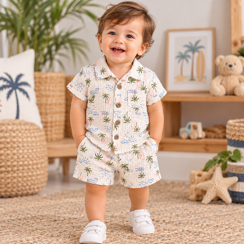 Beach Print Baby Boy Shirt & Shorts Set – 2 Piece