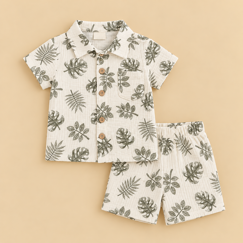 Tropical Leaf Print Baby Shirt & Shorts Set – 2 Pieces | Organic Cotton