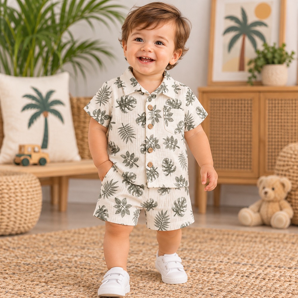 Tropical Leaf Print Baby Shirt & Shorts Set – 2 Pieces | Organic Cotton