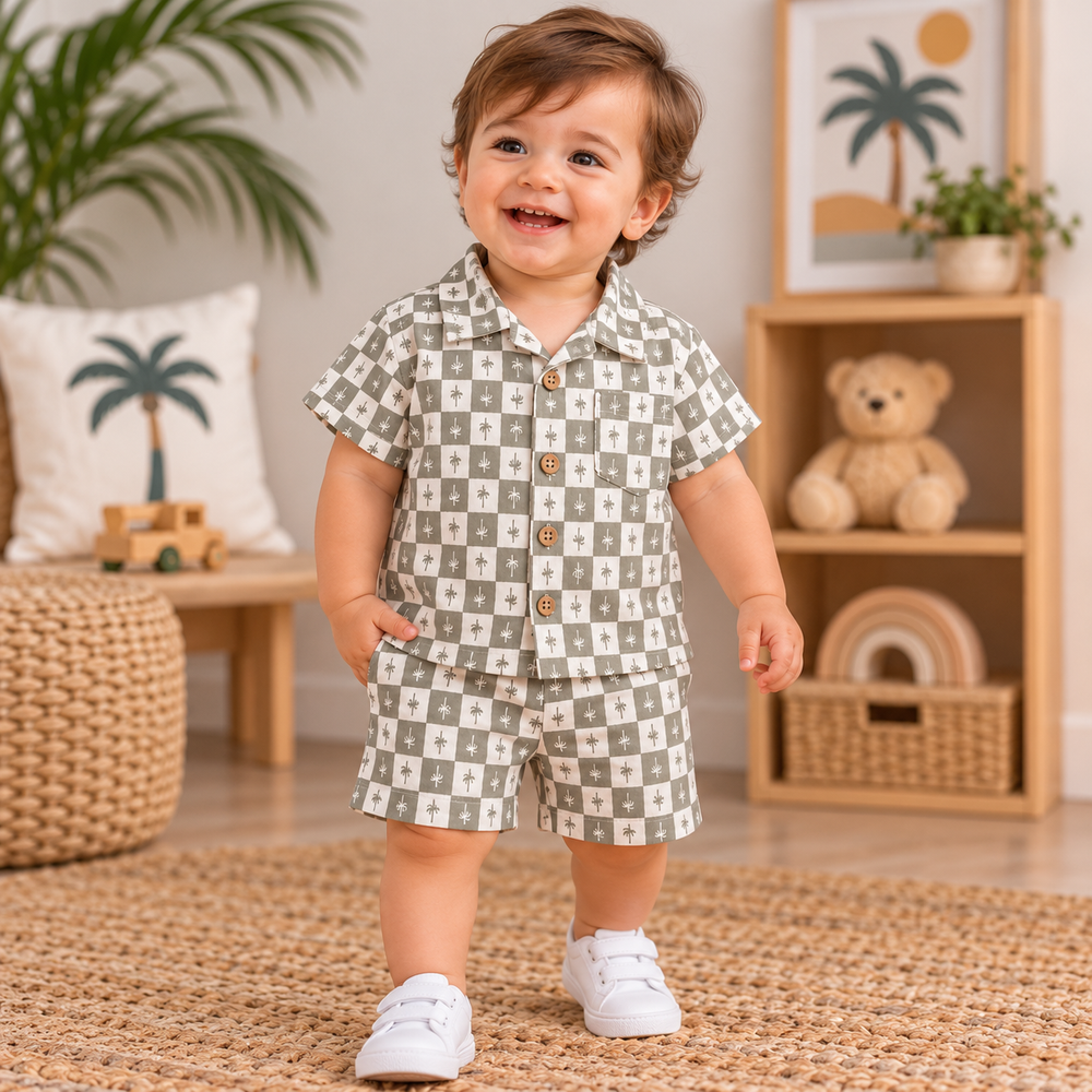 Tropical Checkered Palm Print Baby Shirt & Shorts Set – 2 Pieces | Organic Cotton